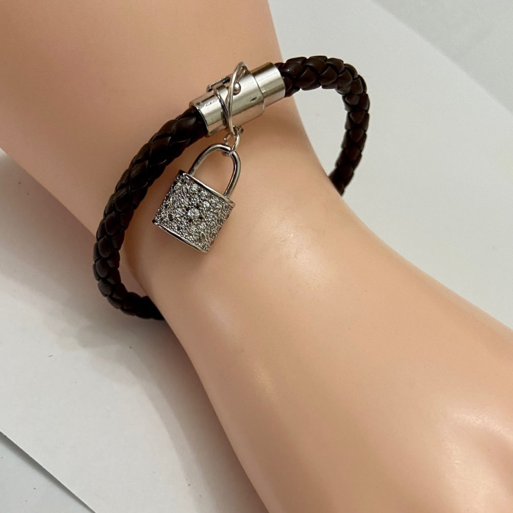 Brown Braided Leather Bracelet with Padlock Charm