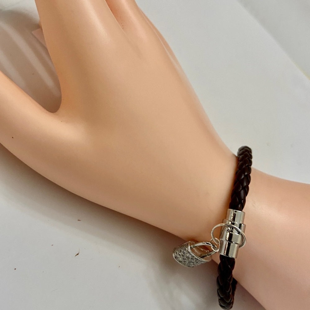 Brown Braided Leather Bracelet with Padlock Charm