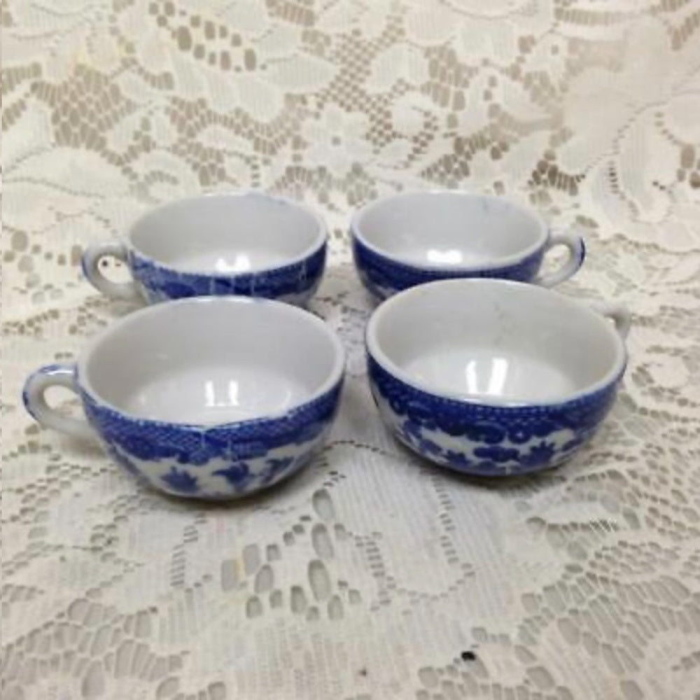 Vintage, Japan, Blue Willow, 17pc Child’s Tea Set - Pink Wicker Picnic Basket