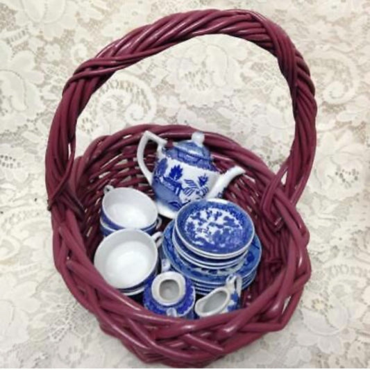 Vintage, Japan, Blue Willow, 17pc Child’s Tea Set - Pink Wicker Picnic Basket