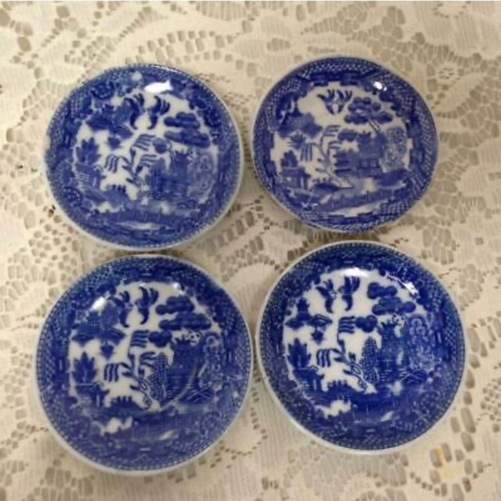 Vintage, Japan, Blue Willow, 17pc Child’s Tea Set - Pink Wicker Picnic Basket