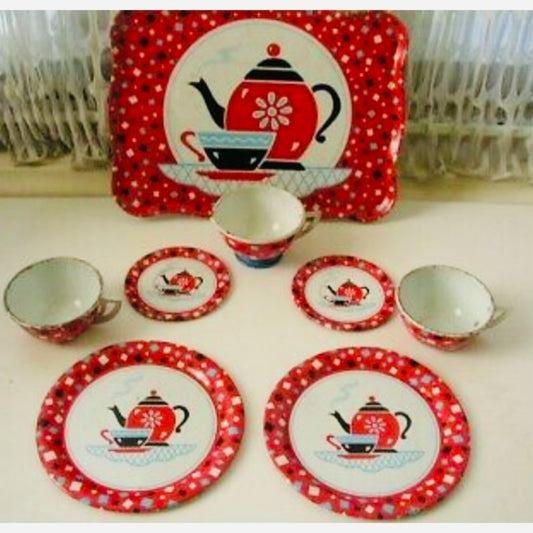 1959, Coffee Time Ohio Art, 8 pc Tin Child’s Tea Set