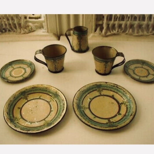 Art Deco, Elegant 7-pc Child’s Tin Tea Set