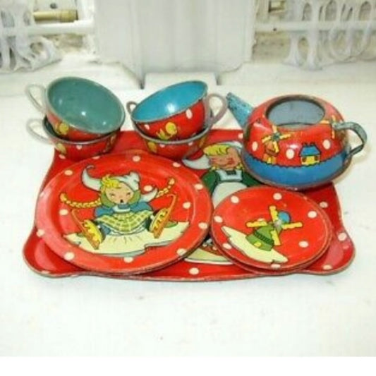 1940-50s Ohio Art #150, Dutch Winter, 15-pc Child’s Tin Tea Set