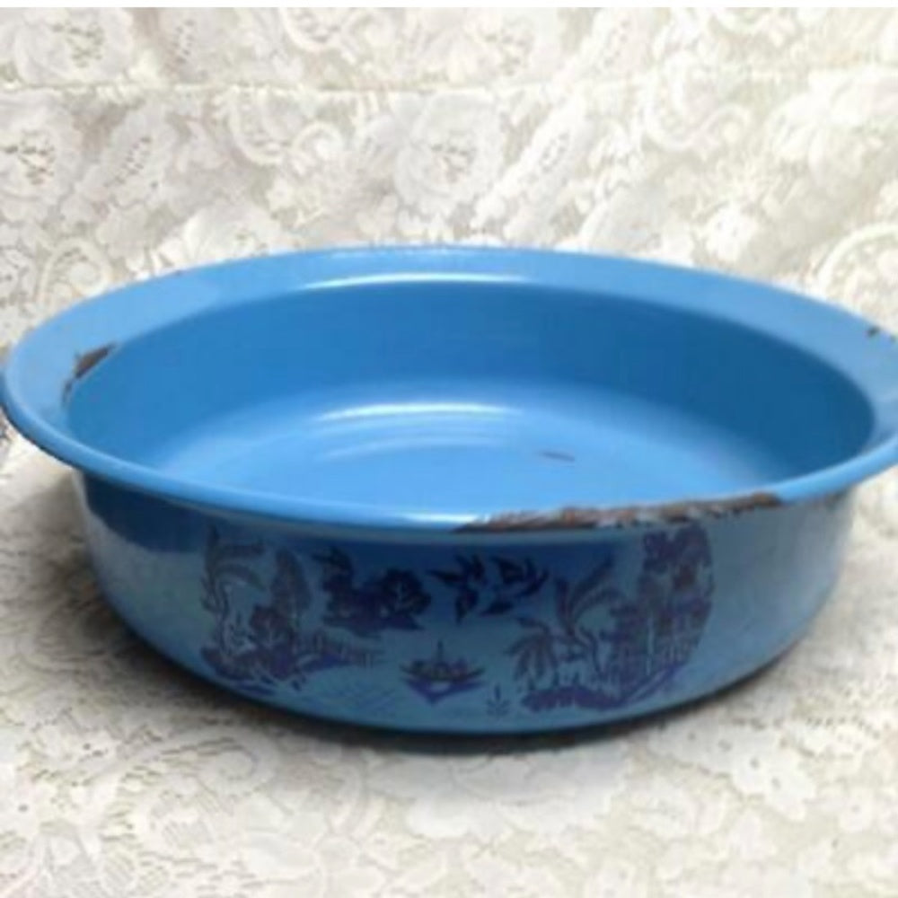 Antique, Rare, French Blue Willow Enamelware Set, Wash Bowl 16in-Pitcher 12in H