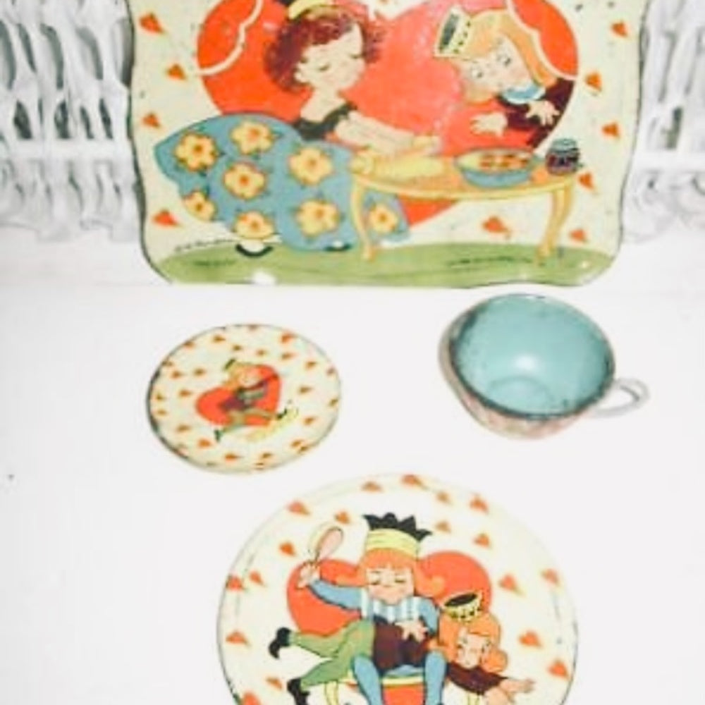 1942 Ohio Art, BK Benjamin, #81 Queen of Hearts 4-pc Child’s Tin Tea Set (pmt