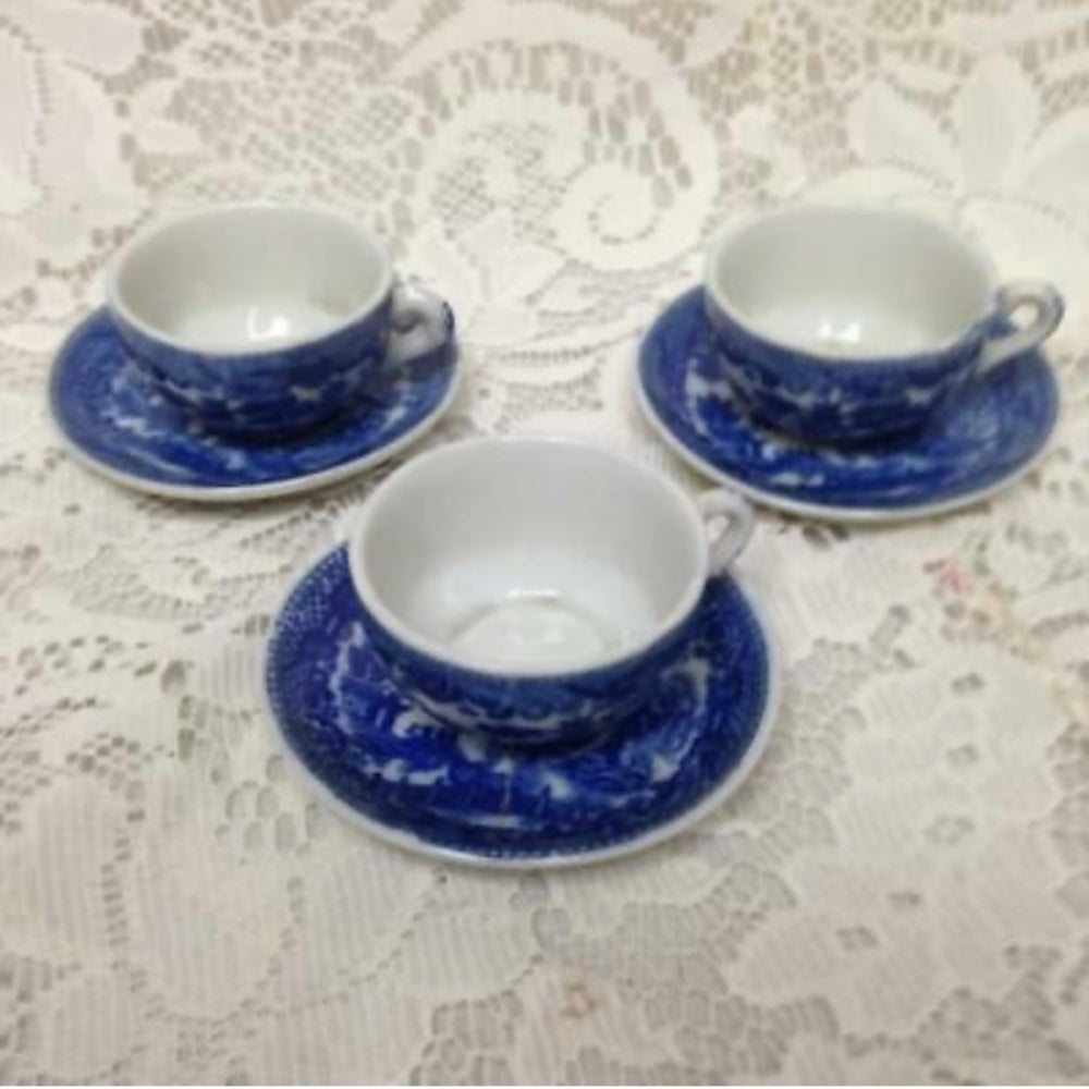 Vintage, Japan, Blue Willow, 12pc Child’s Tea Set for 3 in a Basket