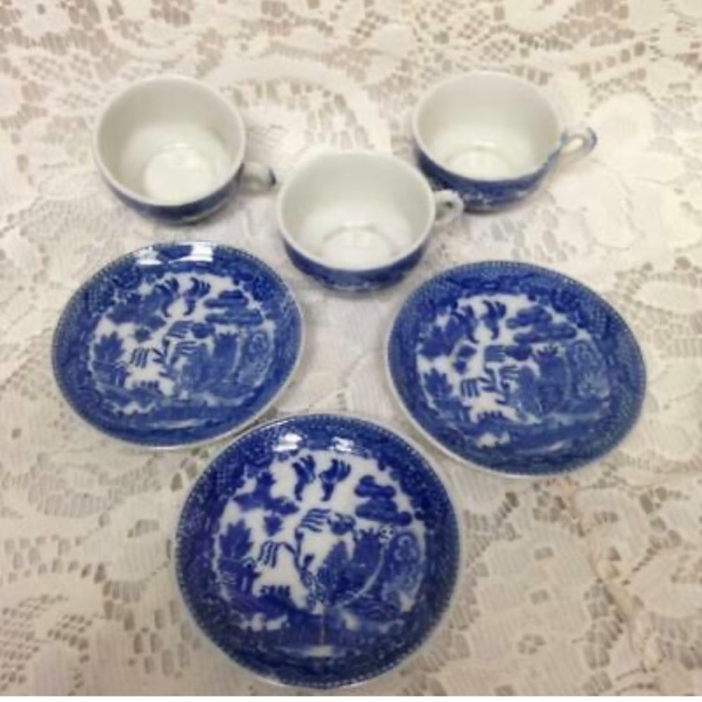 Vintage, Japan, Blue Willow, 12pc Child’s Tea Set for 3 in a Basket
