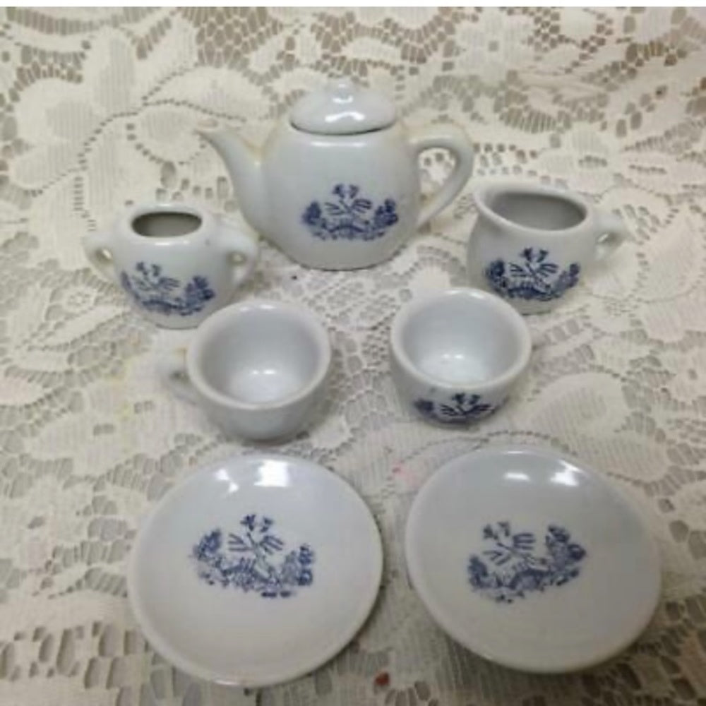 Vintage, Japan, Blue Willow, 8pc Child’s Tea Set -  White Wicker Hope Chest