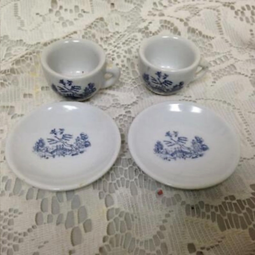 Vintage, Japan, Blue Willow, 8pc Child’s Tea Set -  White Wicker Hope Chest