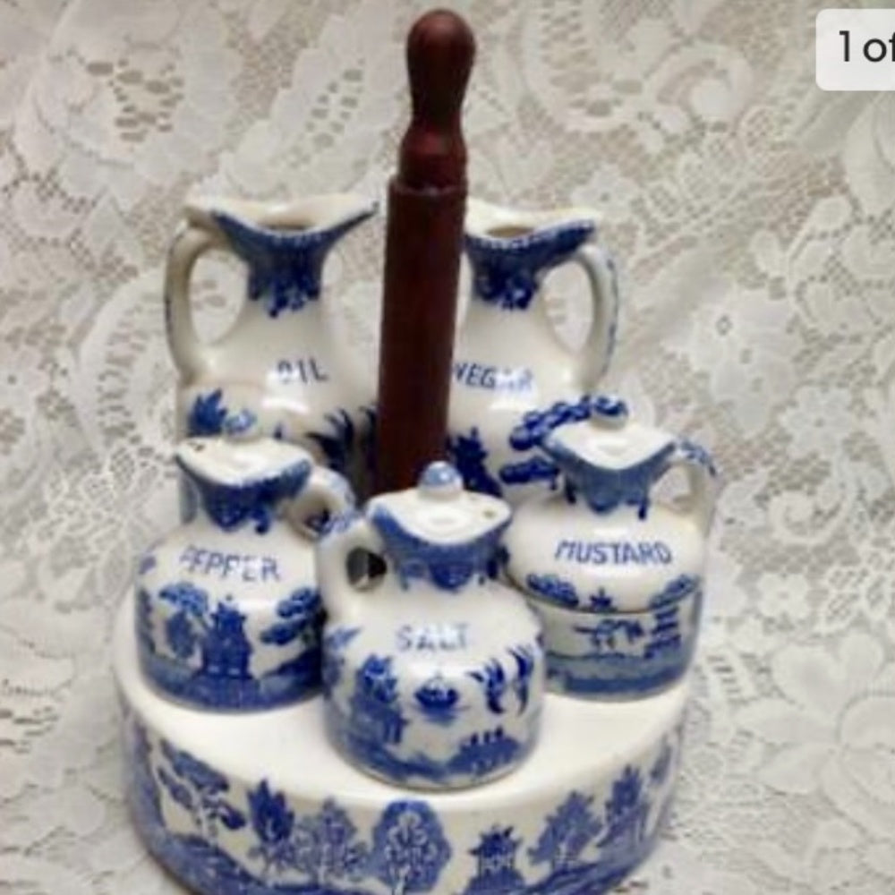 Vintage, Rare 9-pc Blue Willow Condiment Set