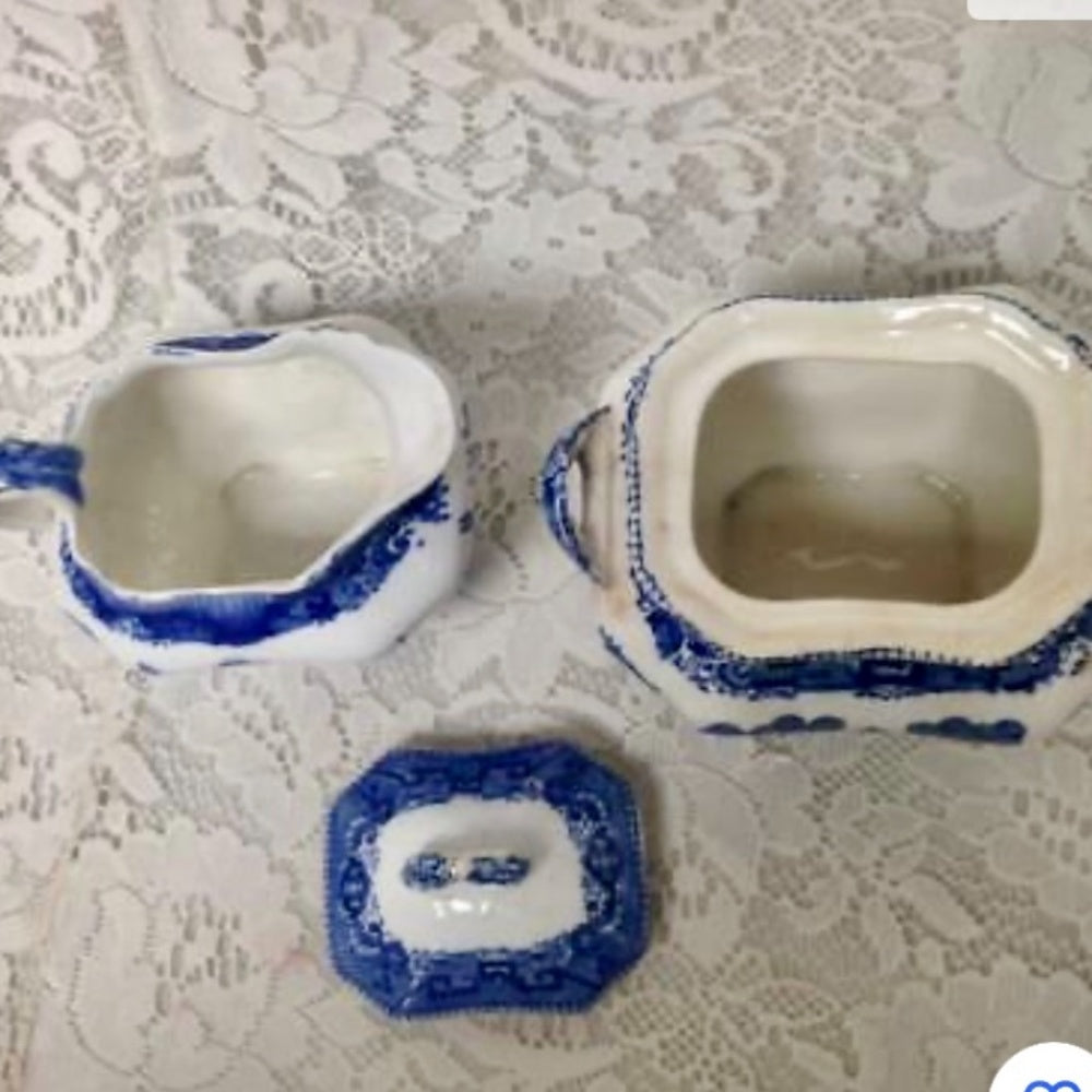 Vintage, Rare, 1911 Buffalo Pottery, 5-pc Blue Willow Tea Set