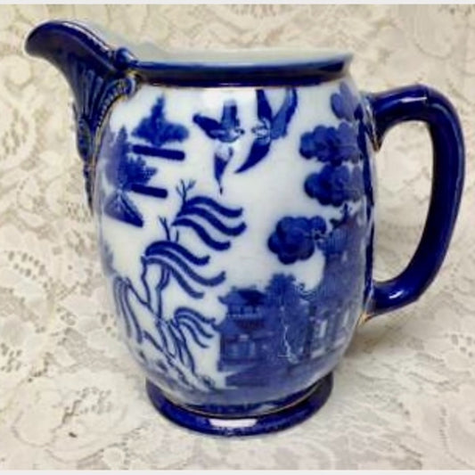 Antique, Rare, Royal Doulton England, Flow Blue Willow, Large 75oz Ewer-Pitcher