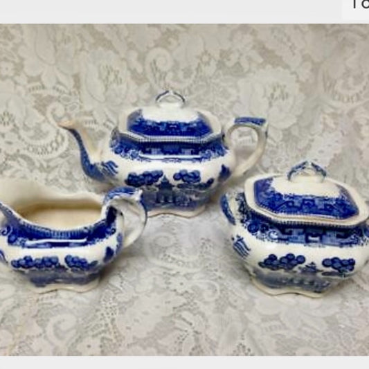 Vintage, Rare, 1911 Buffalo Pottery, 5-pc Blue Willow Tea Set