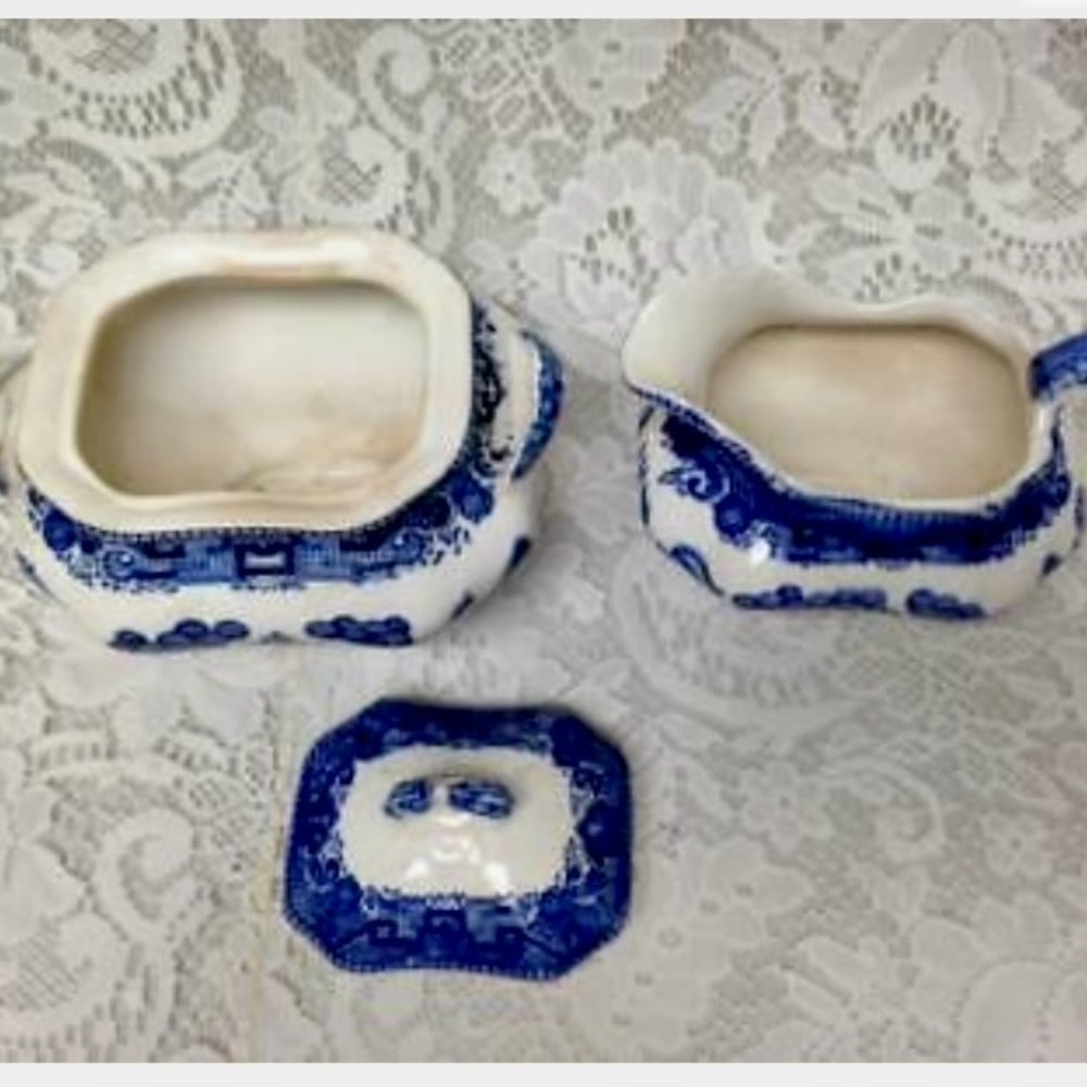 Vintage, Rare, 1911 Buffalo Pottery, 5-pc Blue Willow Tea Set