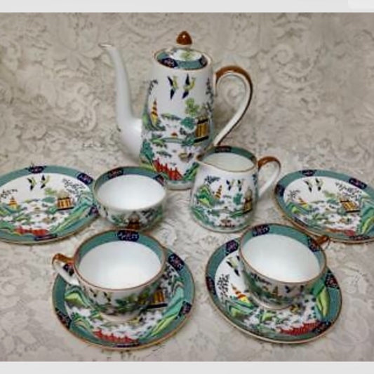 Vintage, Rare, Coalport England, Polychrome, Color Blue Willow, 11pc Tea Set