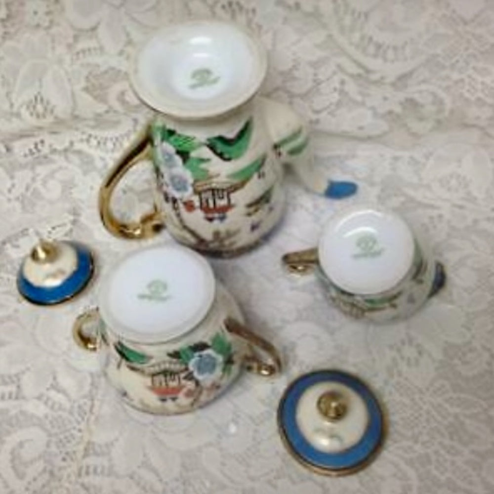1908 Antique Noritake Japan. Polychrome Blue Willow, 13pc Demitasse Tea Set