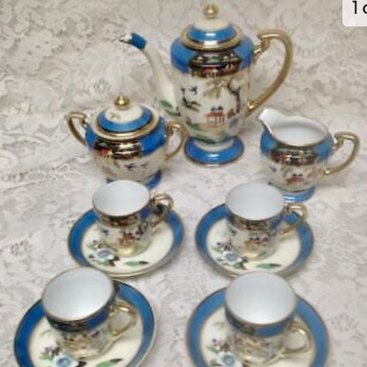 1908 Antique Noritake Japan. Polychrome Blue Willow, 13pc Demitasse Tea Set