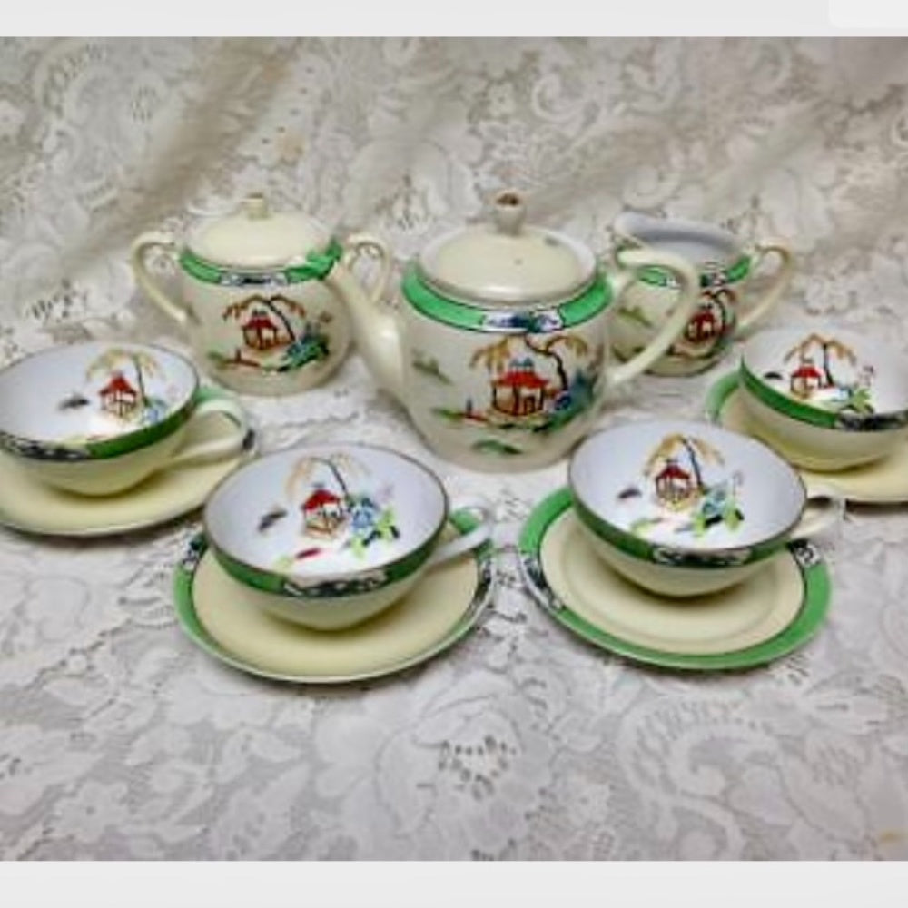 Antique Noritake Moriyama Polychrome- Variant Blue Willow, 13pc Tea Set