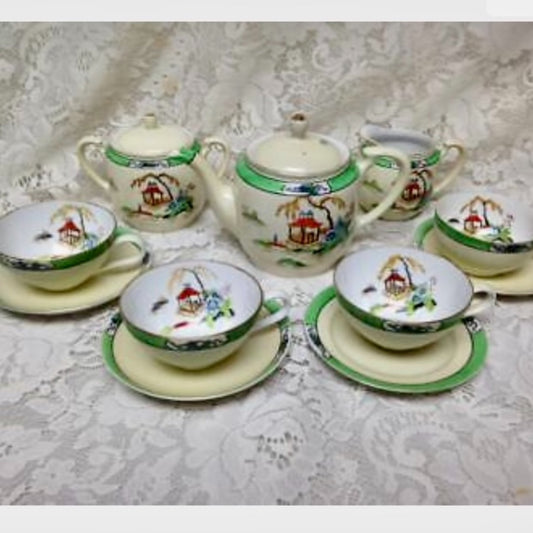 Antique Noritake Moriyama Polychrome- Variant Blue Willow, 13pc Tea Set