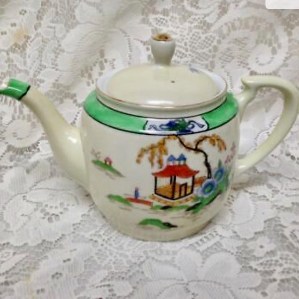 Antique Noritake Moriyama Polychrome- Variant Blue Willow, 13pc Tea Set