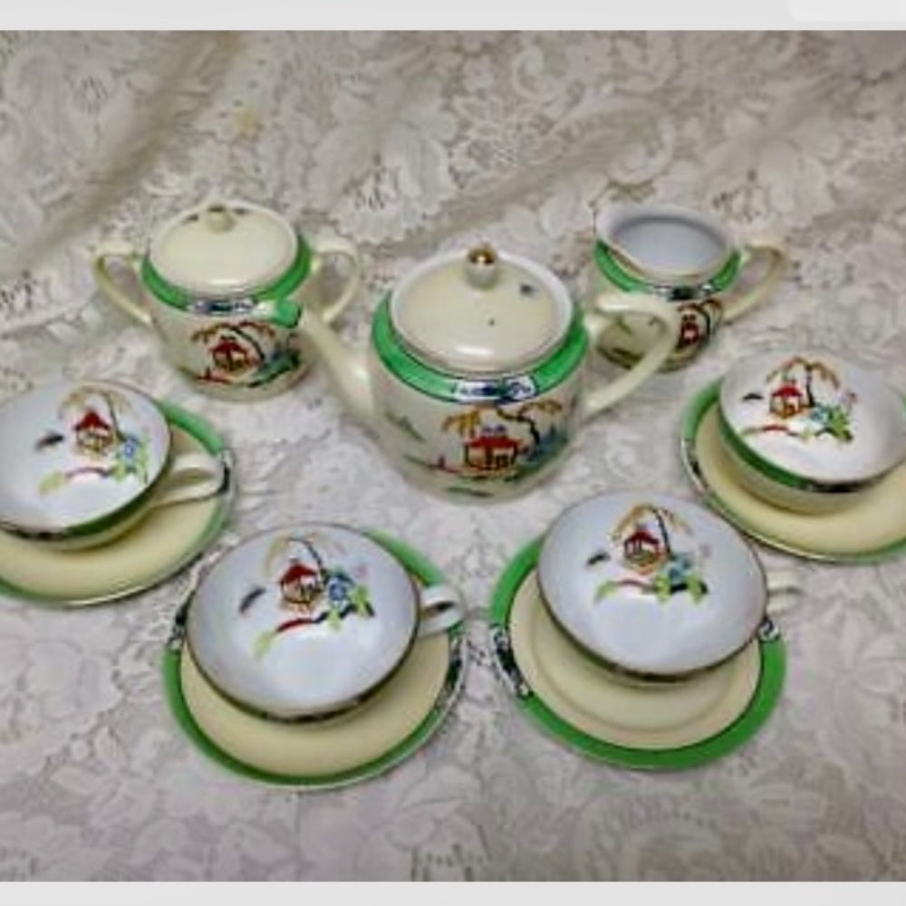 Antique Noritake Moriyama Polychrome- Variant Blue Willow, 13pc Tea Set
