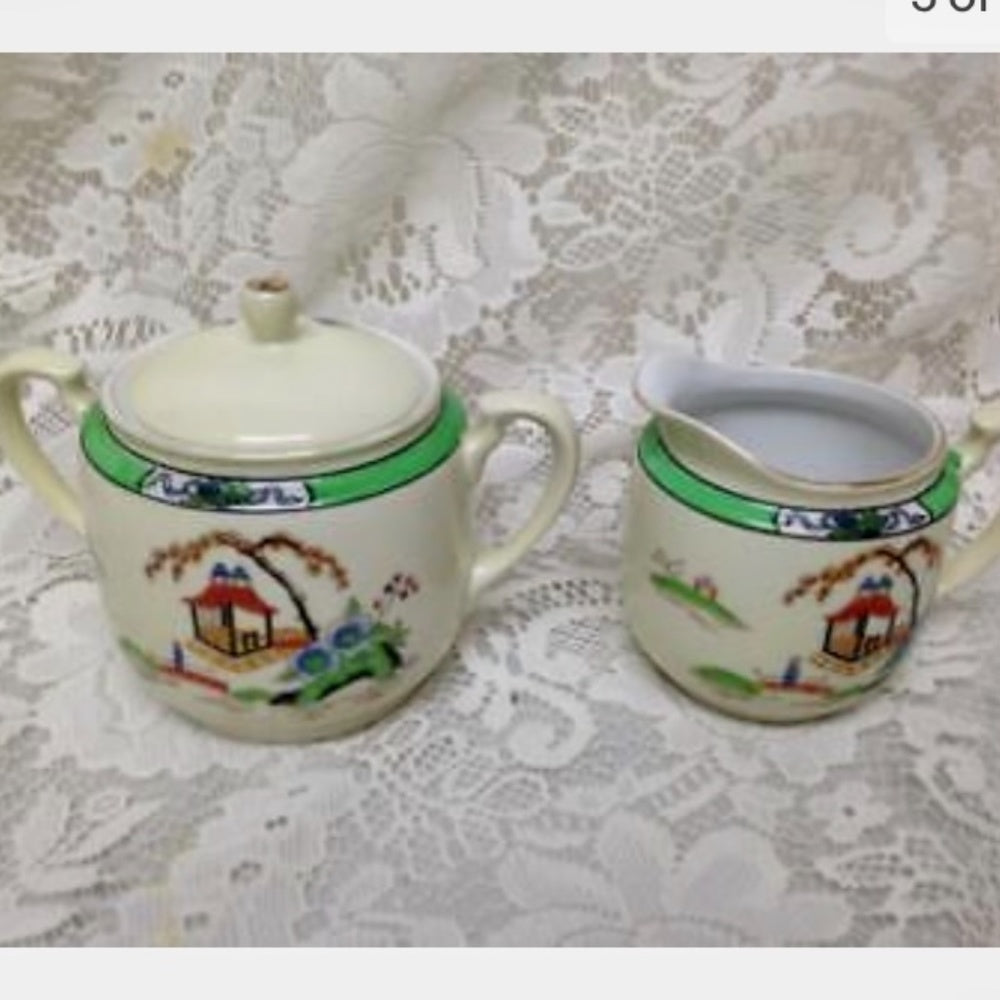 Antique Noritake Moriyama Polychrome- Variant Blue Willow, 13pc Tea Set