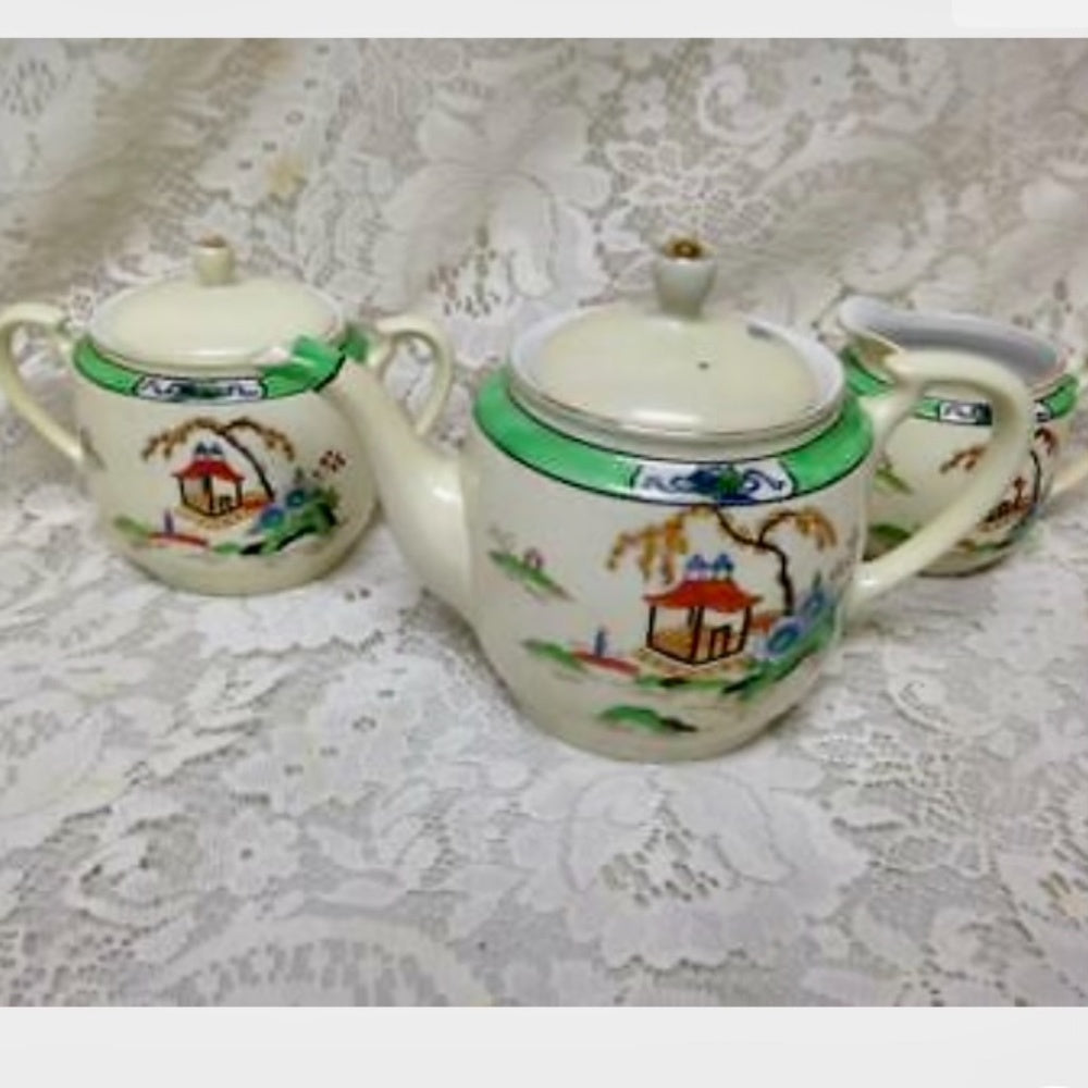 Antique Noritake Moriyama Polychrome- Variant Blue Willow, 13pc Tea Set