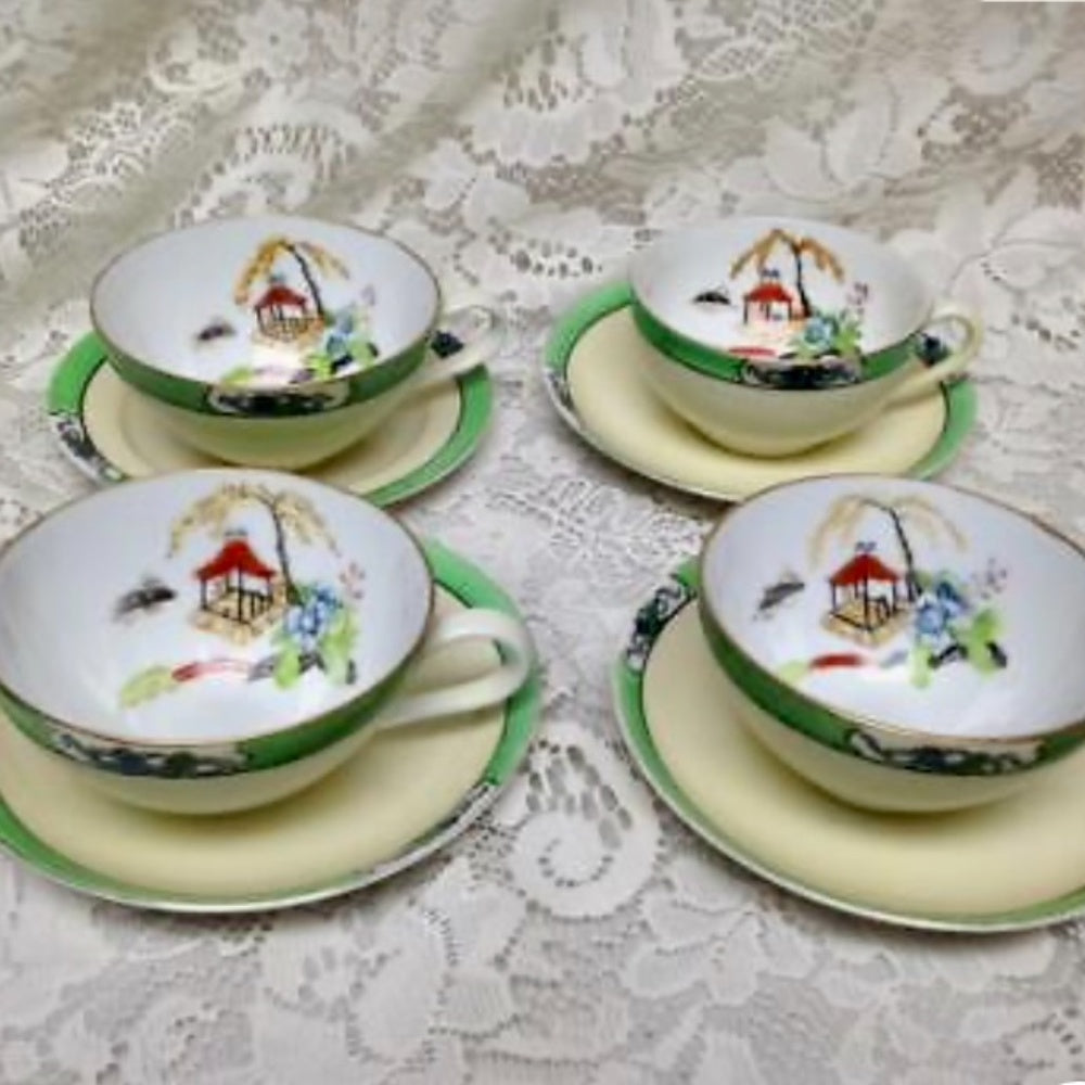 Antique Noritake Moriyama Polychrome- Variant Blue Willow, 13pc Tea Set