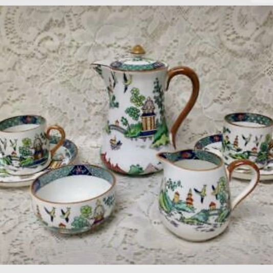 Vintage, Crown Stafffordshire, Polychrome, Gaudy Blue Willow, 8pc Tea Set for 2