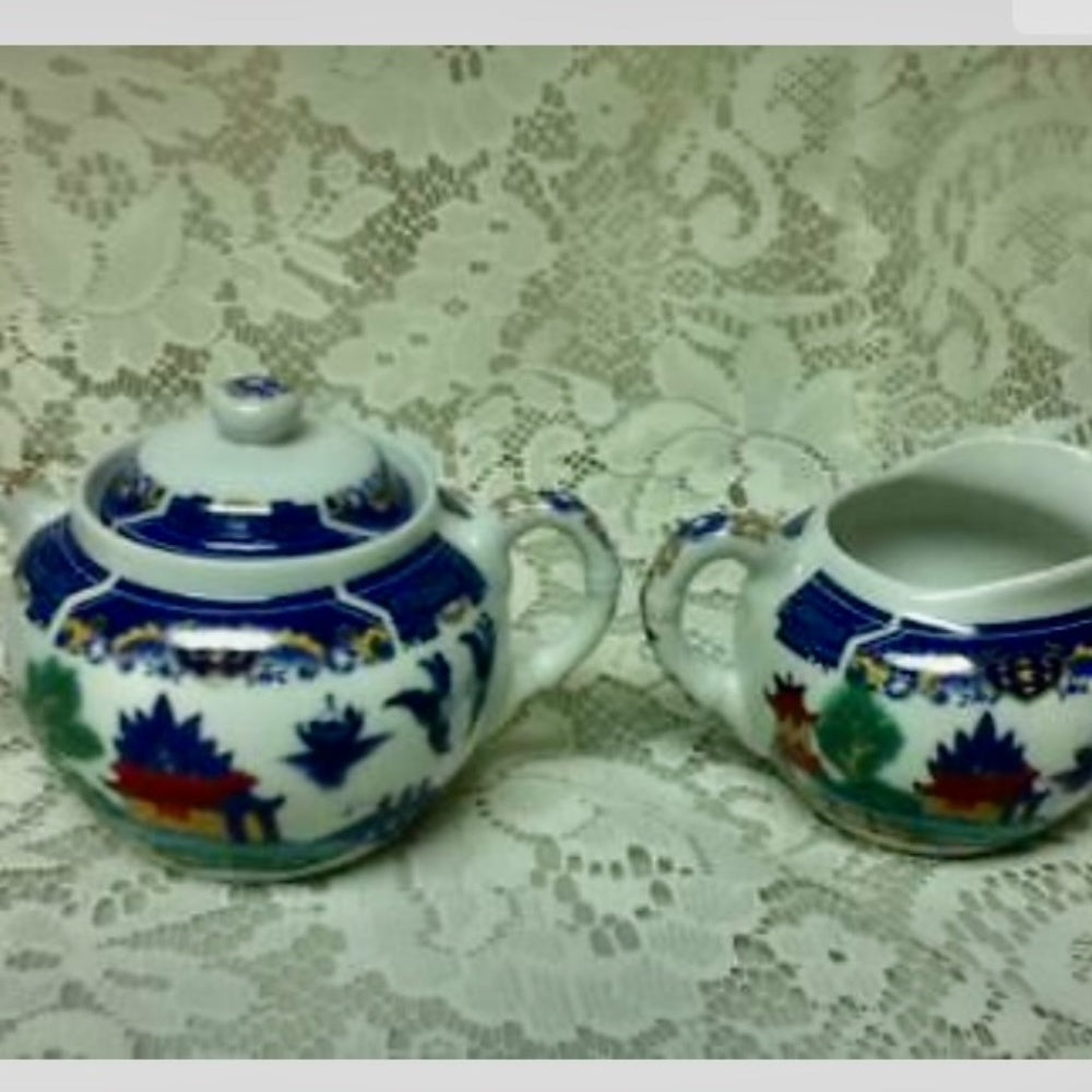 Vintage, Rare, Made in Japan,13-pc PolychromeWillow with Lithopane Cups-Tea Set