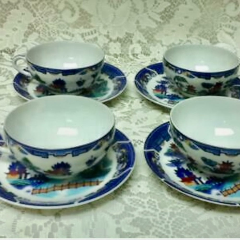 Vintage, Rare, Made in Japan,13-pc PolychromeWillow with Lithopane Cups-Tea Set