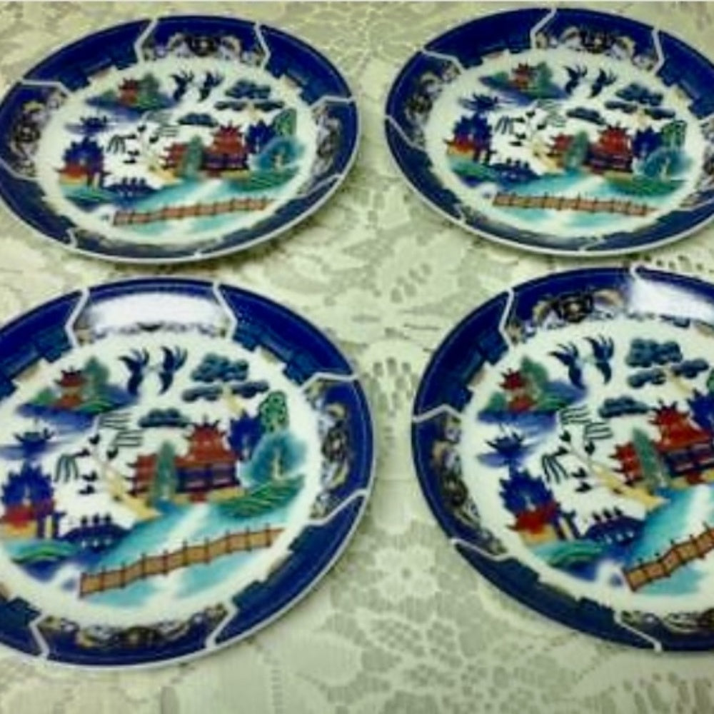 Vintage, Rare, Made in Japan,13-pc PolychromeWillow with Lithopane Cups-Tea Set