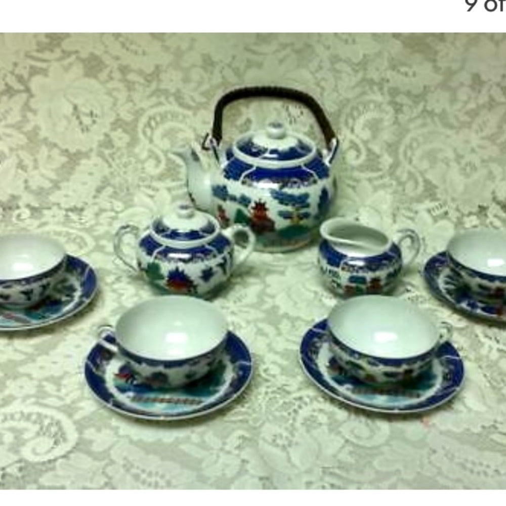 Vintage, Rare, Made in Japan,13-pc PolychromeWillow with Lithopane Cups-Tea Set