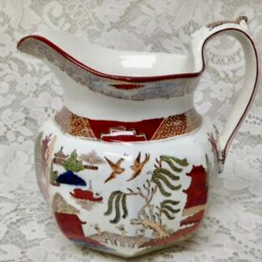 Antique, Wegdwood, English, Polychrome Willow, 32oz Pitcher- 6.5in W x 6in H