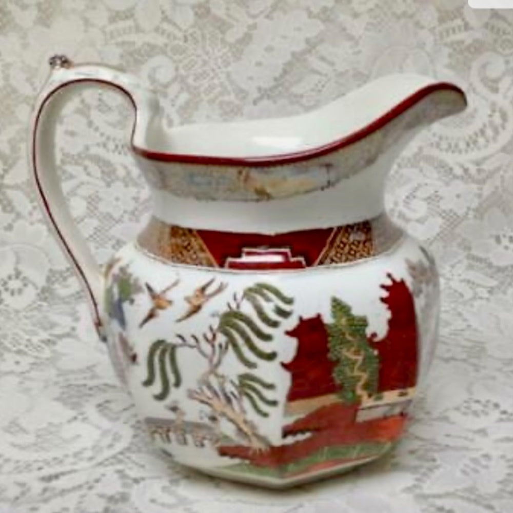 Antique, Wegdwood, English, Polychrome Willow, 32oz Pitcher- 6.5in W x 6in H
