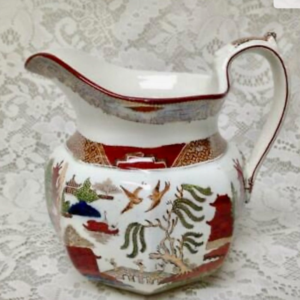 Antique, Wegdwood, English, Polychrome Willow, 32oz Pitcher- 6.5in W x 6in H