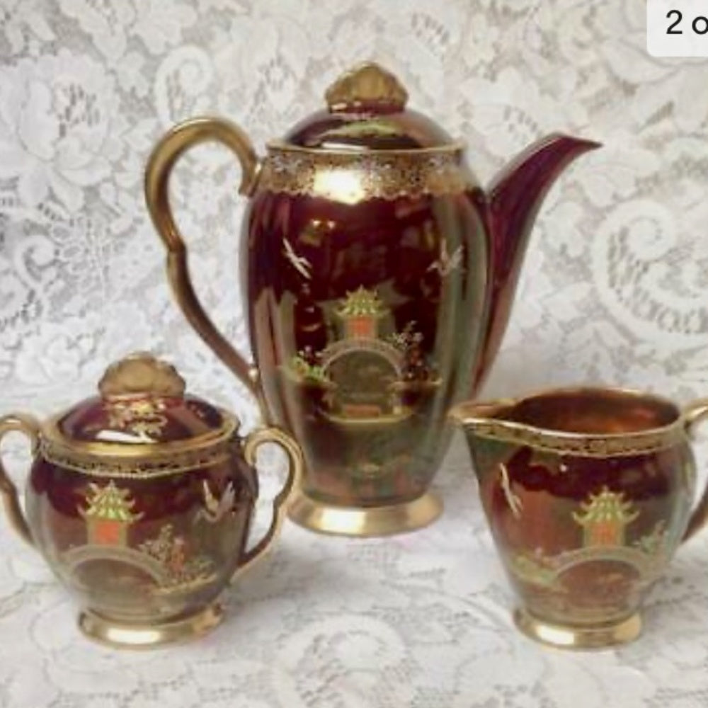 Vintage, Carlton Ware, Variant Polychrome Willow, 13pc Tea Set for 4