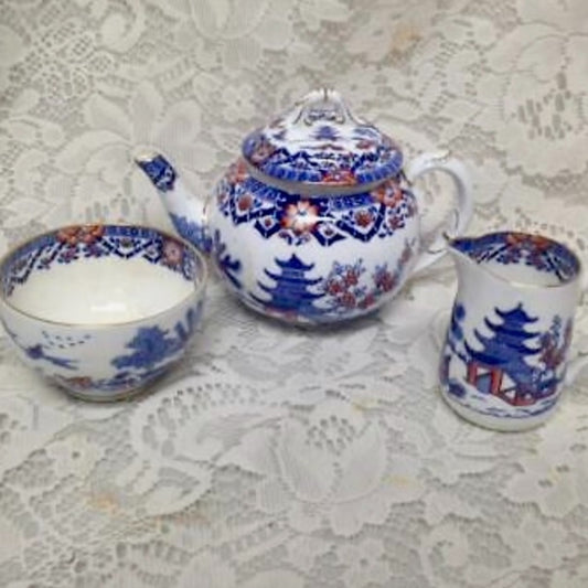 Antique, Rare, Royal Worcester, England, 4-pc Variant, Gaudy Blue Willow Tea Set