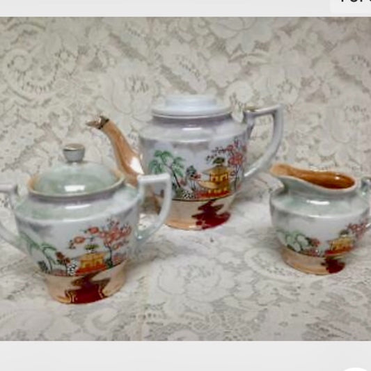 Vintage, 1930s, Japan, Lusterware, Variant Gaudy Blue Willow 5pc Tea Set