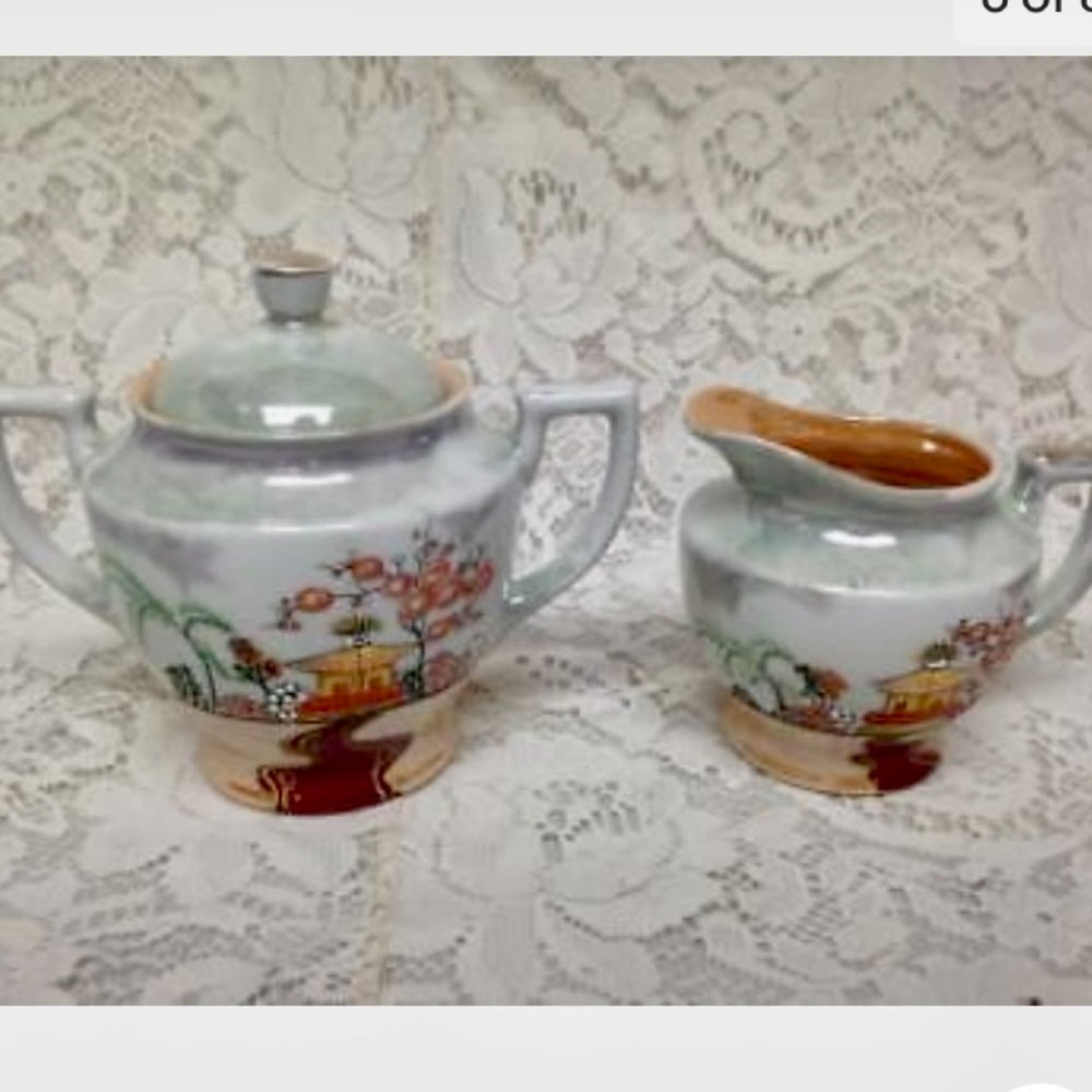 Vintage, 1930s, Japan, Lusterware, Variant Gaudy Blue Willow 5pc Tea Set