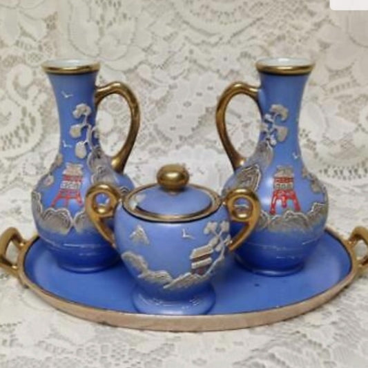 1920s, Japan, Rare, Moriage, Variant Gaudy Blue Willow 5pc Condiment Set(sftze)