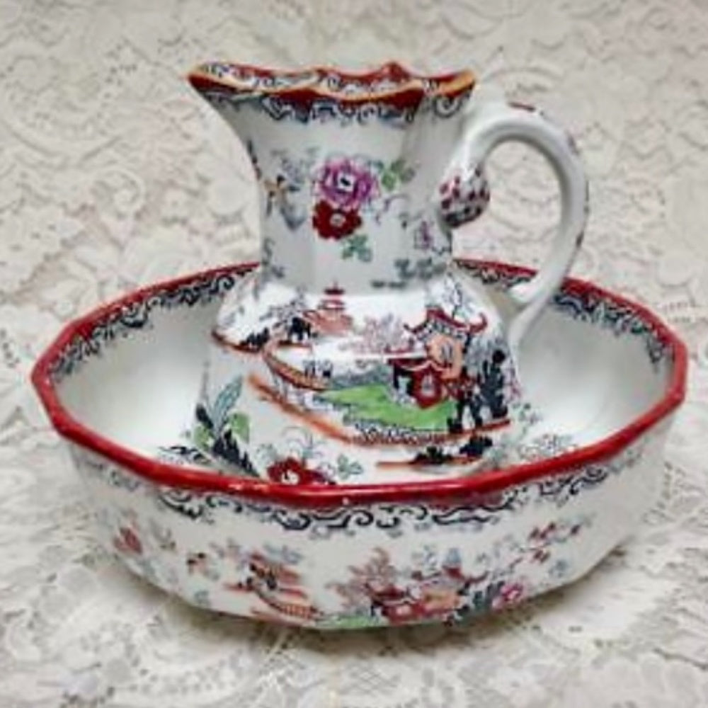 Anitque, English, Mason's Style Variant Polychrome Willow, Washbowl and Pitcher