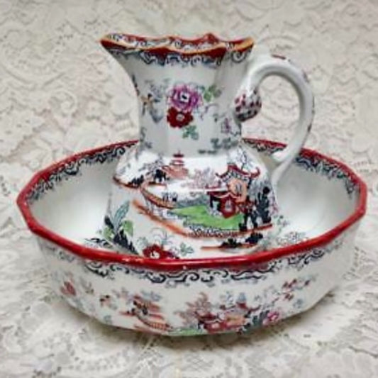 Anitque, English, Mason's Style Variant Polychrome Willow, Washbowl and Pitcher