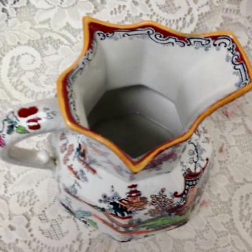 Anitque, English, Mason's Style Variant Polychrome Willow, Washbowl and Pitcher