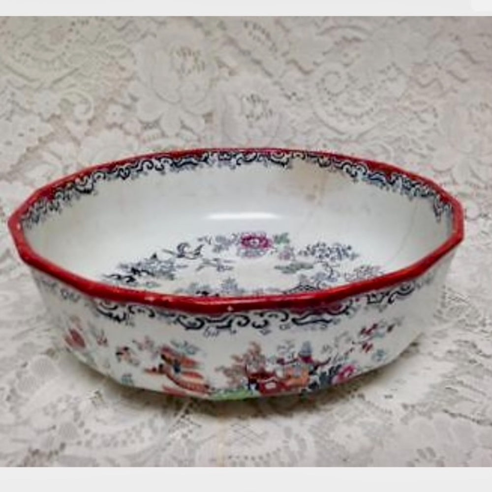 Anitque, English, Mason's Style Variant Polychrome Willow, Washbowl and Pitcher