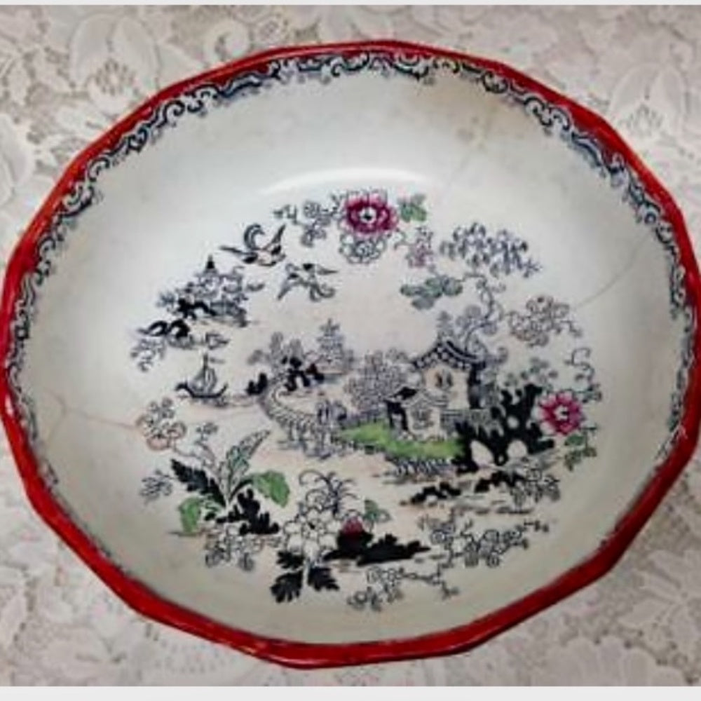 Anitque, English, Mason's Style Variant Polychrome Willow, Washbowl and Pitcher