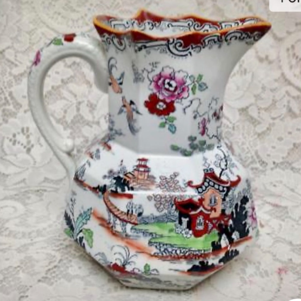 Anitque, English, Mason's Style Variant Polychrome Willow, Washbowl and Pitcher