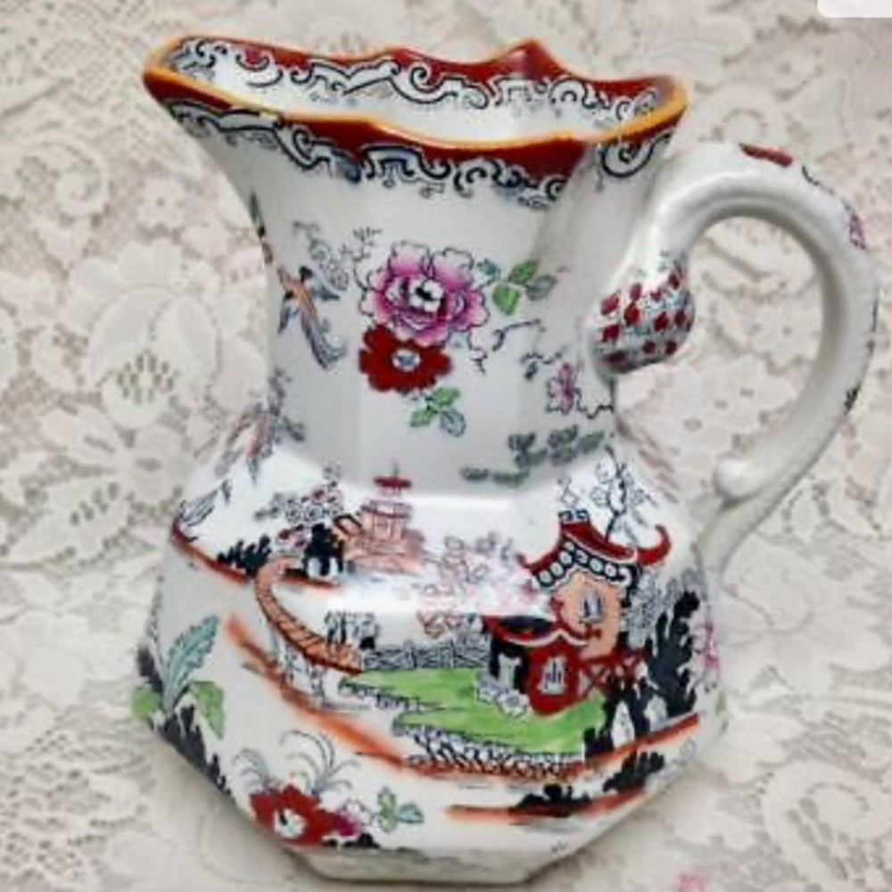 Anitque, English, Mason's Style Variant Polychrome Willow, Washbowl and Pitcher