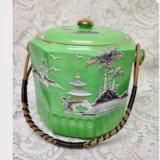 Vintage 1920s, Japan Variant Polychrome Willow, 7in x 8in Biscuit  Jar